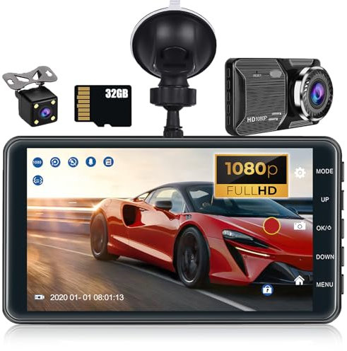 CAMECHO Dash Cam Front and Rear with 32GB TF Card FHD 1080P 4 Inch Touch Screen Dual Camera Dash Cams DVR Car Driving Recorder 150°Wide Angle Dashboard Camera Night Vision Loop Recording