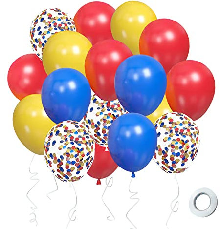 Luftballons Blau Rot Gelb, 60 Stück Matt Blau Rot Gelb Heliumballons mit Konfetti Latexballons Zirkus-Geburtstagsfeierballons für Kinder Babyparty Hochzeit Karneval Party Dekorationszubehör
