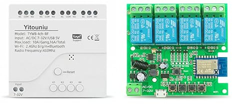 Yitouniu Tuya Smart Life 4 canales WiFi Momentary Inching Relé Módulo de Interruptor Autobloqueante, DC/AC 7-32V/USB 5V WiFi RF Bluetooth Relé Compatible con Alexa Goolge Home