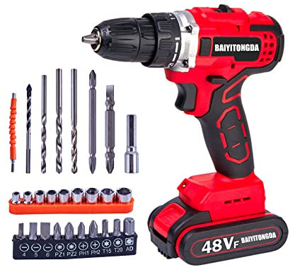 Power Drill Set, 48V Cordless Drill Tool Kit, 3/8 Keyless Chuck, 27 Pieces Accessories, 2 Variable Speeds, 21+1 Positions, DIY Power Drill for Household Tool Kit