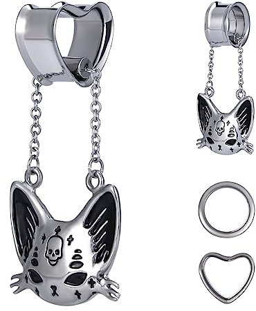 COOEAR Herz Messgeräte für Ohren, Herz Tunnel Doppel Flared Plugs, Katze Dangle Plugs Ohrringe. 0g.