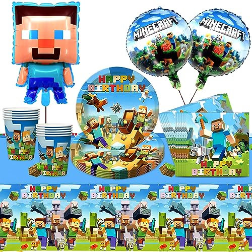 Game Vajilla de Fiesta de Cumpleaños, 44 Piezas Videojuegos Decoración de Cumpleaños Vajillas, Plato, Taza, Mantel, Servilletas, Globos, Videojuegos Vajillas para Niños Temática para 10 Invitados