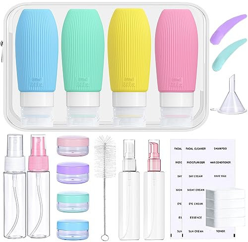 Botellas de Viaje Silicona 22 Pack, Juego de Botellas de Viaje y Accesorio de Viaje Portátil, Botes Rellenables Viaje de 100ml a Prueba de Fugas para Lociones y Artículos de Tocador - Sin BPA (1)