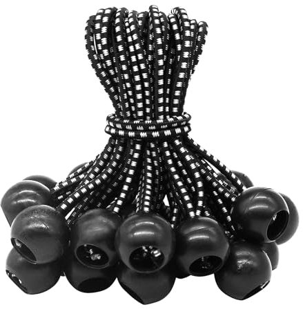 OZNEWLIFE 25 gomas tensoras con bola (negro y blanco, 150 mm) para tiendas de campaña, lonas, carteles, tensores de lonas, eslingas expansoras, soporte para lonas, goma de lona, tensor de goma