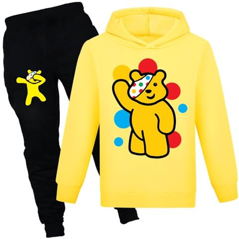 NILKOOZ Girls Tracksuits Cartoon Bear Cat Printing Hoodie & Joggers Pant Outfit 2pcs Set Unisex Kids Tracksuit Clothing(Yellow-120cm)