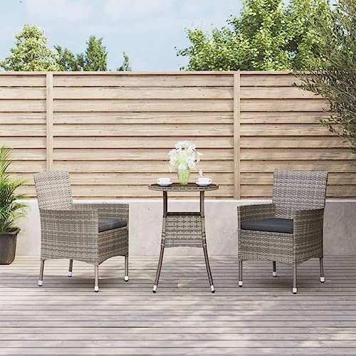 Homgoday Gartentisch und Stühle, 3-teilig und Kissen, Polyrattan, Grau, Set Tisch und Stühle, Garten, Terrasse, Bistro-Stühle und Tisch für Innen- und Außenbereich, Typ 4