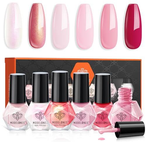 Modelones Nail Polish 6 Colors Pink White Nude Nail Varnish Set Sheer Light Pearl Summer Quick Dry Finger Nail Polish Bulk Manicure DIY Nail Art Salon Home For Women