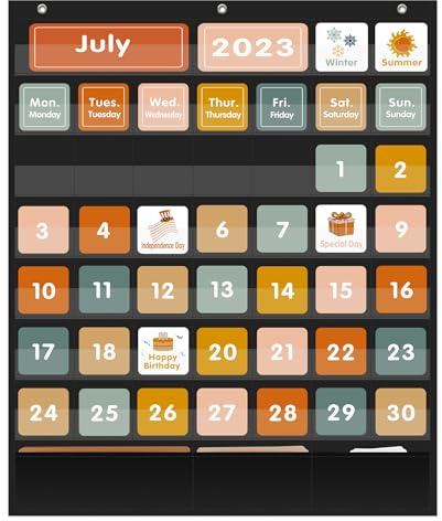 ANSTROUT Kalender-Taschendiagramm mit 46 + 3 Taschen, mit 92 Karten für Klassenzimmer, große Größe: 73 x 61 cm, schwarz, Monatskalender und Wettertaschentabelle für Kinder, zum Lernen für Zuhause oder