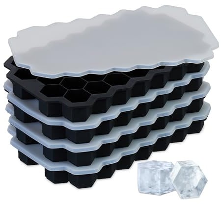 Relaxdays Silikon Eiswürfelform, 4er Set, wiederverwendbar, Silikonform, 37 sechseckige Eiswürfel, mit Deckel, schwarz