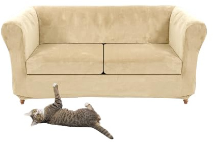 SYLC Stretch Samt Chesterfield Sofabezüge, Couch Abdeckung Mit Sitzkissenbezug Sofa Überwürfe Für Gebogene Settee Sessel Vintage Style (Beige,Love+2 Small Seats)