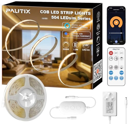 PAUTIX COB LED Strip 7.5M, 3780LEDs Dimmable Bright LED Light Strip Work with WiFi Smart APP and RF Remote, 24V Warm White 3000K with Mains CRI93 LED Lights for Indoor Kitchen,Cabinets,Mirrors