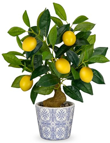 Artificial Potted Plants, 15.7 inches Small Fake Lemon Tree Artificial Lemons Citrus Tree with Blue and White Pot Faux Potted Plants Indoor Lemon Decorations for Home, Office, Living Room Table, Desk