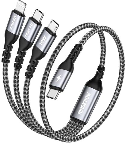 NINGKPOW 100W USB C Multi Charger Cable Short [50CM] 3 in 1 Charging Cable Multi USB Charger Lead with USB C PD [100W]+Lightning[27W]+Micro[10W] for iPhone 15/14, Samsung S24, MacBook, Pad Pro, LG