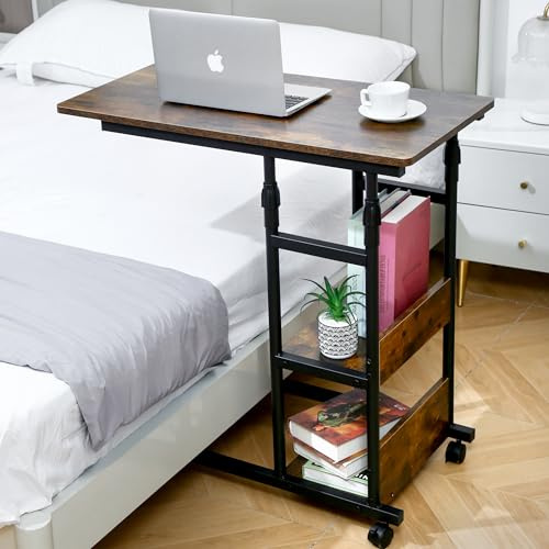Adjustable Bedside Table, Adjustable Height Side Table, Rolling Desk for Bed, Over Bed, C Desk, Mobile End Tray with Wheels, Slide Under Couch, Bedroom Dinner/Laptop/Snack Stand, 37 x 32 x 16 Inch