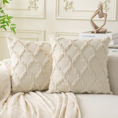 Cozoomy Marokkanische dekorative Kissenbezüge, flauschig, Boho, für Bett, Couch, Sofa, Wohnzimmer, weiche Plüsch-Kissenbezüge, Beige, 45,7 x 45,7 cm, 2 Stück