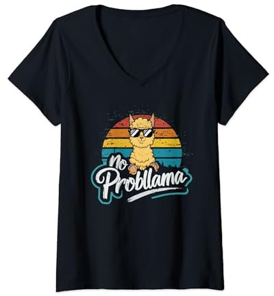 Damen Lustiges Lama mit Sonnenbrille No Probllama Cute Lama Vintage T-Shirt mit V-Ausschnitt