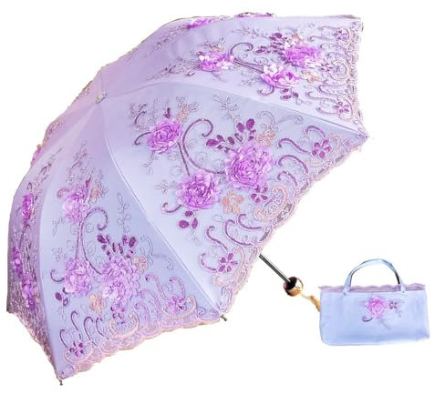 zmgmsmh Faltbarer Spitzenschirm, Reise-Sonnenschirm, kompakt, UV-beständig, Prinzessinnen-Regenschirm, Sonnenschirm für Damen und Mädchen (3D-Violett)