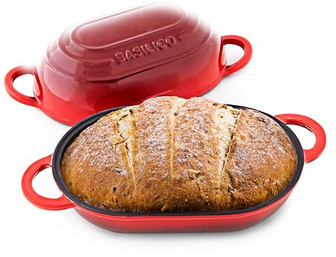 Enameled Cast Iron Bread Oven (Red), Non-Stick Single Loaf Cast Iron Bread Pan with Lid, Easy Homemade Sourdough Dutch Oven with Lid, Oven-Safe Artisan Bread Baking Pan, Cast Iron Loaf Pan with Lid