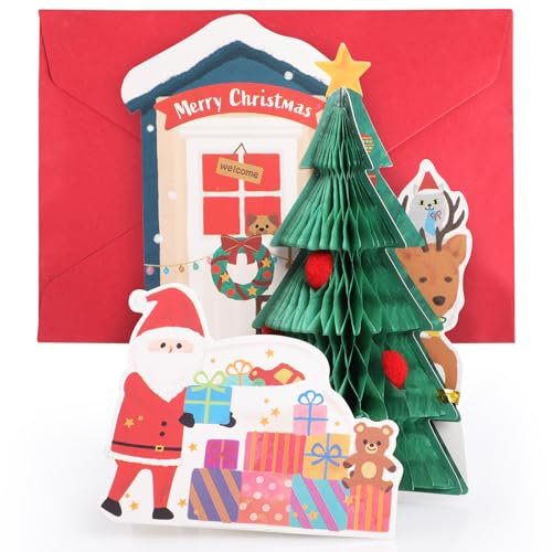 GeeRic Biglietto Auguri Natalizi Pop-Up Biglietto Auguri Albero di Natale 3D Biglietto d'auguri con Busta Carta Babbo Natale Addobbi DIY Natalizi Biglietto per Amici Famiglie Bambini