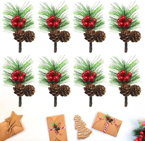 XIAQICA 24 Stück Kleine künstliche Tannenzweige mit Beeren weihnachtsdeko Tischdeko Weihnachten Kieferzweige Rote Beeren Tannenzapfen Zweige Dekorationen für Tischdeko Weihnachtsfeiern