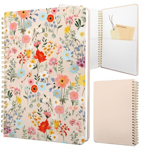 Stanoha Cute Sprial Notebook journal A5 Aesthetic Pretty Floral Design for Women Girls Kawaii with Pocket, 8.5 x 5.7 inch, Yellow Floral
