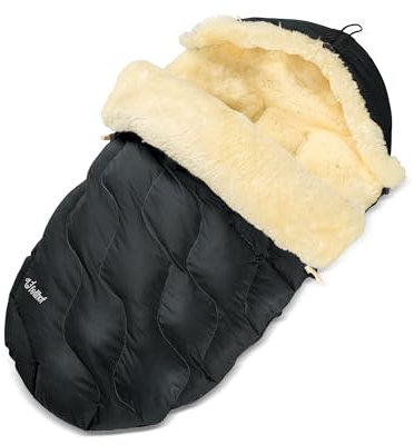 Fellhof® Lammfell Fußsack Kinderwagen WINTERBERG, OEKO-TEX® zertifiziert, 50x98 cm, wind- und wasserdicht, Allroundmodell, mit stufenlos verstellbaren Gurtschlitzen, waschbar bis 30°C schwarz