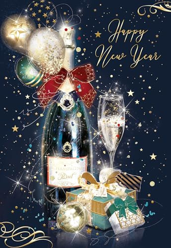 Cherry Orchard 'HAPPY NEW YEAR' greeting Card, Artistic Champagne Design from the Gorgeous Grace/Grayson range, finished with luxury gold foil, comes with Gold Envelope