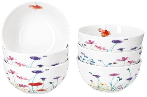MamboCat Marie Lot de 6 bols à céréales 14 cm I 400 ml I Bol en porcelaine avec décor prairie florale pour 6 personnes I Bols pour salade, soupe, céréales, chips, etc.