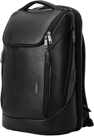LENZN Mochila de cuero duradero para laptop, perfecta para hombres y mujeres, mochila de trabajo para 15.6 pulgadas, bolsa de viaje de con puerto de carga USB, resistente al agua