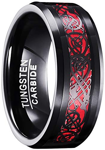 083BASE Herren Tungstenring mit Drachenmuster, 8mm Breite, Zirkonia-Einlage, in Blau, Schwarz und Rot erhältlich - Wolframkarbid Ring für Männer