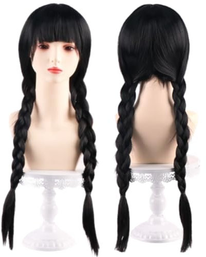 COSPLAZA Schwarze geflochtene Wednesday Mittwoch Perücke with Bangs lange geflochtene Perücken Braided Cosplay Halloween Kostüm Perücke