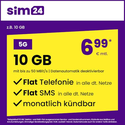 sim24 Handytarif z.B. Allnet Flat 10 GB – (Flat Internet 5G 10 GB, Flat Telefonie, Flat SMS und Flat EU-Ausland, 6,99 Euro/Monat, monatlich kündbar) oder andere Tarife
