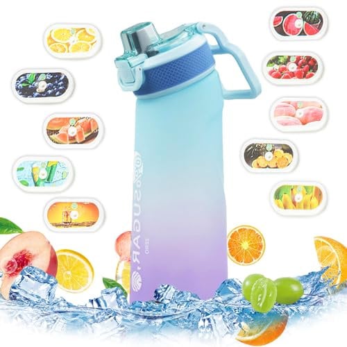 Fychuo Water Bottle, 700ml BPA Free Drinking Bottles with 10 Random Flavour Pods Scented 0 Sugar Calorie, Water Cup with Straw for Gym School Outdoor, Blue & Purple
