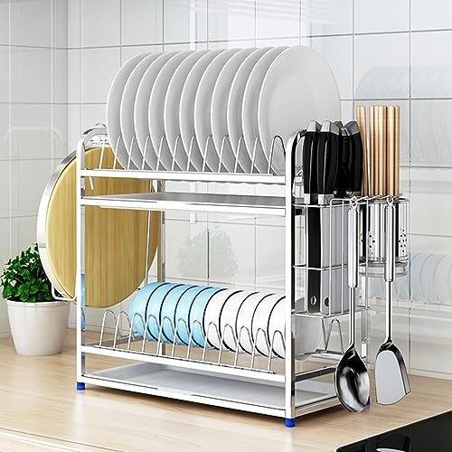 Escurreplatos de acero inoxidable de 2 niveles con ganchos, placa de drenaje y tabla de cortar, escurridor de cubiertos de cocina