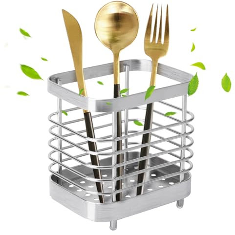 Lnopever Besteckhalter,Küchenlöffelregal aus Edelstahl,Besteck-Abtropfgestell,Besteck-Organizer für Küchenutensilien (Silber)