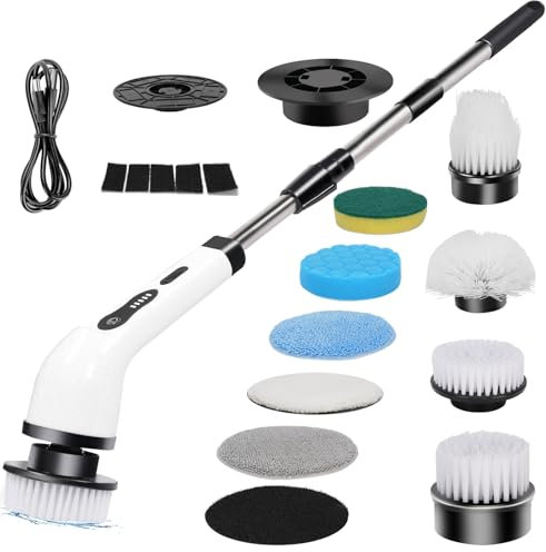 MEKOTRIN Electric Cleaning Brush, Spin Scrubber Cordless Rechargeable - Waterproof Scrubbing Brush Bathroom Scrubber with 9 Brush Heads & Adjustable Handle Suit for Bathtub Kitchen Car & Tiles(White)