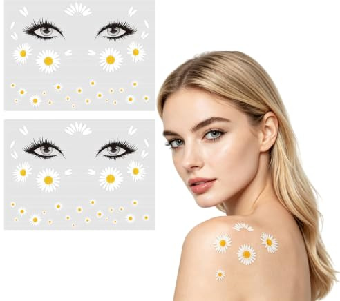 2Pcs Daisy Face Stickers 15.8x12cm Waterproof Temporary Tattoo Stickers for Forehead Eye Makeup Party Holiday Festival Decor