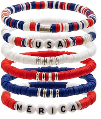 MALOYANVE 4th of July Bracelets for Women Men Red White Blue Bracelets USA Clay Bead Bracelet American Flag Bracelets Patriotic Beaded Stackable Bangle Summer Beach Heishi Surfer Bracelet Set 4th of