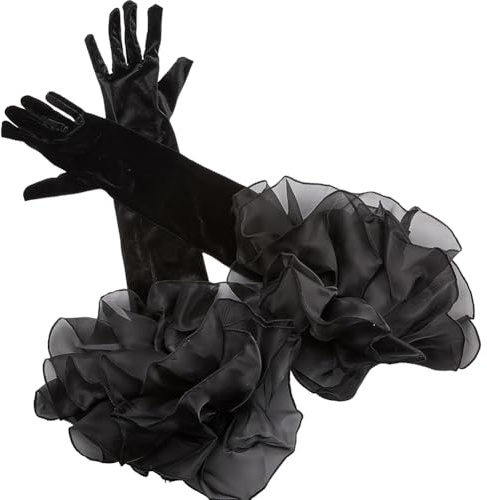 CABODYALS Opern-Party-Handschuhe, lang, Vintage, weicher Satin, Samt, Kostüm, formell mit Polyester-Rüschen, Tüllmanschette, Ellenbogenlänge, Armstulpen, Handschuh für Damen, Mädchen, Abschlussball