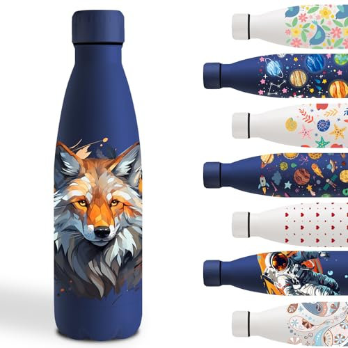 Gourde, 500ml Gourde Isotherme, Gourde Personnalisée avec Tête de Lou, Gourde Enfant Garde au Froid Pendant 24 Heures/Chaud Pendant 12 Heures, Bouteille d'eau pour École, Bureau, Sports, Bleu Foncé