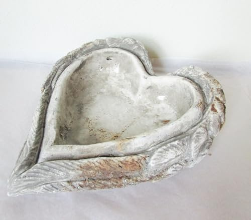 Grabschmuck Herz bepflanzbar Herz Beton mit Flügeln - Pflanzschale, Pflanzgefäß Vintage Look 15x17 cm