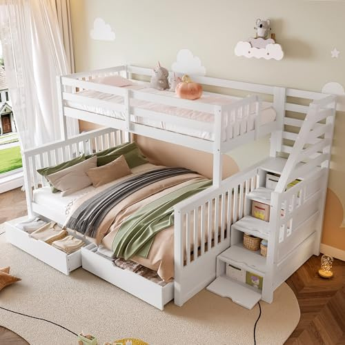 Letto a castello 90 x 200 + 140 x 200 cm per 2-3 bambini, lettino con vano portaoggetti e cassetti, letto a soppalco con scale e 2 cassetti, letto in legno con rete a doghe, protezione dalle cadute