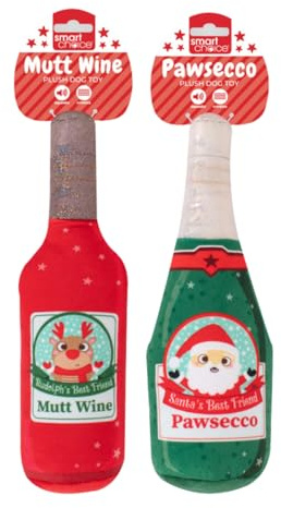 YöL Green Pawseco & Red Mutt Wine Squeaky Plush Christmas Dog Toy – 28cm Festive Bottle Design – Soft Polyester with Internal Squeaker Crinkle Effect – Durable Chew, Tug Of War & Fetch