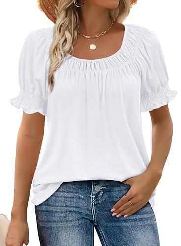 WIHOLL Ladies Tops Summer Womens Tops T Shirts for Women UK Short Sleeve Tee Shirts Square Neck Ladies Blouses White Size 18-20