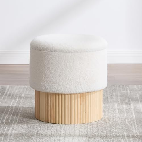 DAYALANE Sitzhocker mit Stauraum, Ottoman mit abnehmbarem Deckel, Weiß | Polsterhocker aus Teddy Bouclé-Stoff, Schminktisch Hocker, bis 150 kg belastbar, für Wohnzimmer, 40 x 40 x 42cm