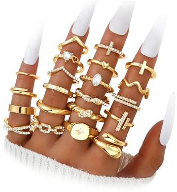 Dodder Gold Stackable Rings Set for Women, Gold Plated Chunky Cross Crystal Finger Midi Stacking Rings, Dainty Statement Thumb Knuckle Rings Pack for Gift, Multiple Sizes Jewelry