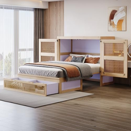 Merax Schrankbett 140x200 cm, Wandklappbett mit Lattenrost, Murphy Bett mit Stauraumschubladen, Rattan-Design, platzsparendes, 150 kg belastbar, Holzfarbe (ohne Matratze)