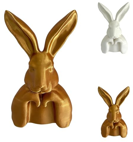 Goldener Resin Hase Tischfigur, 34cm Osterhase Gold Hasenkopf Deko, Nachdenklicher Osterhase für Tischdekorationen, Osterhasen Gross Skulptur, Sammlerstück zu Ostern (Gold)