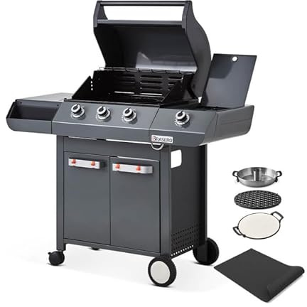BRASERO BY FAVEX - Barbecue gaz Emma 3 brûleurs + Side – 11,95 kW – Grille fonte FLEXIGRILL – Pack Switch Grid inclus (pizza, saisie, volaille) – Tapis 119 x 81 cm