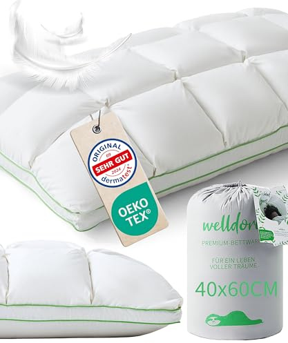 Welldora Premium Kopfkissen 40x60, 100% Daunenfasern & Federn, mittelfest